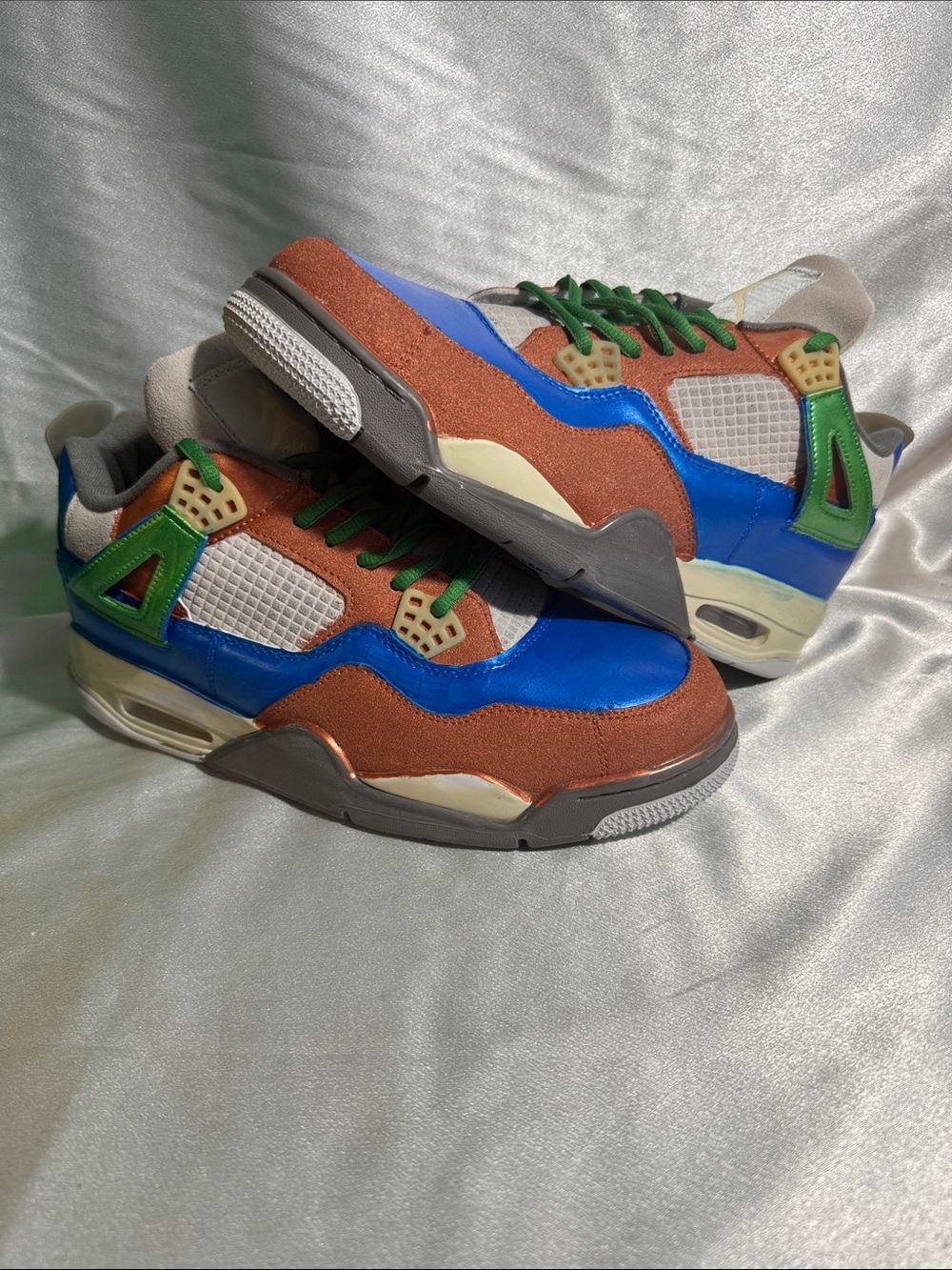 New! Custom Multicolor Jordan 4 Retro Sneakers - Blue, Brown & Green.